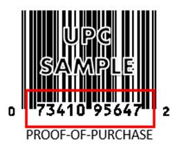 The UPC is found under the product barcode on the Proof of Purchase